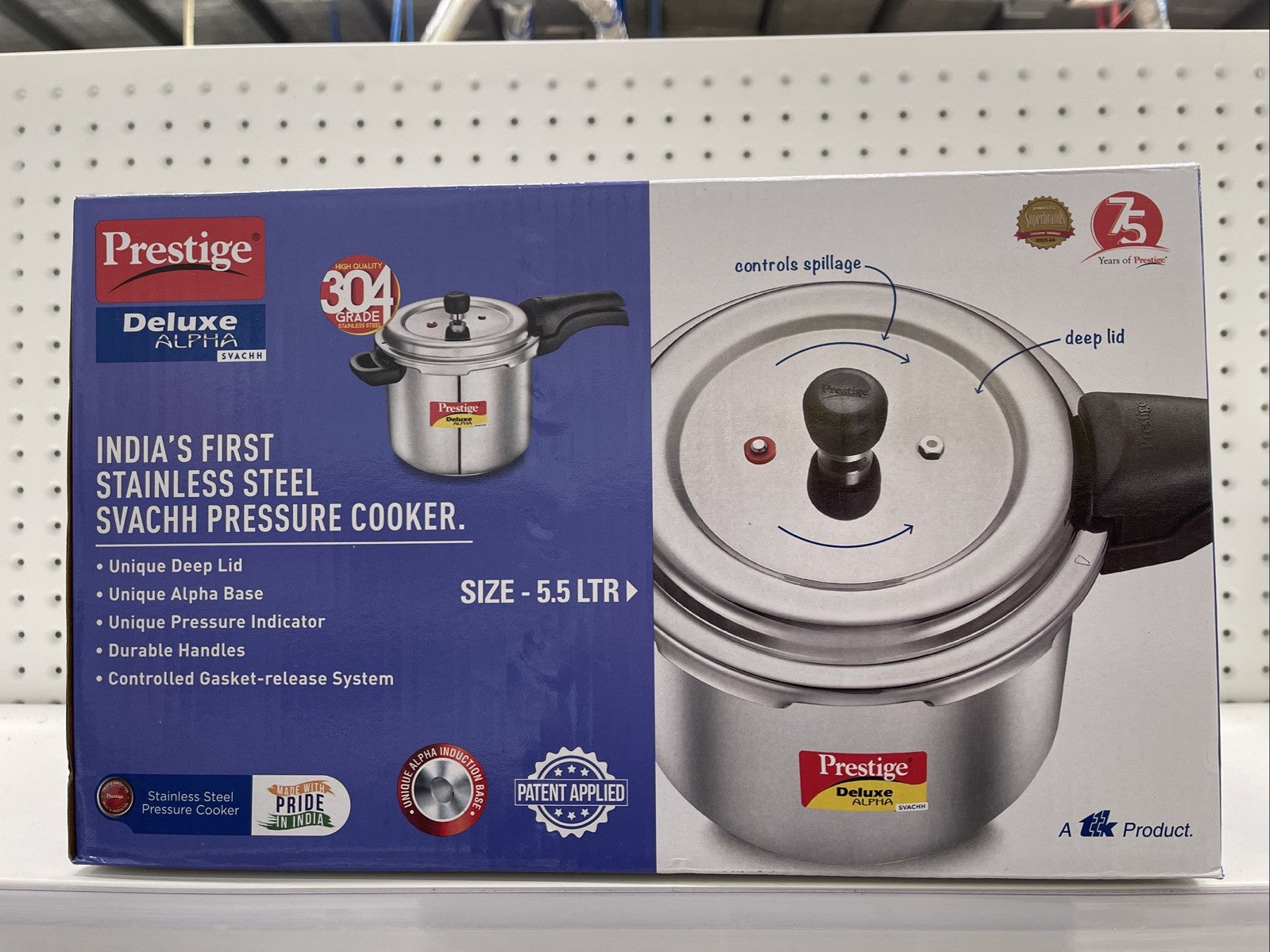 Prestige Deluxe Alpha Stainless Steel Pressure Cooker, 5.5 Litres, Silver